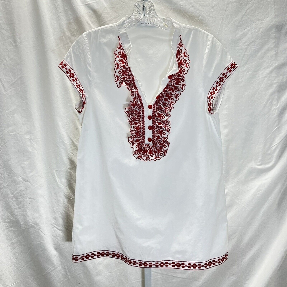 Susana Manaco Womens 6 Blouse White w/ Red embroidery Cap sleeve Ruffle front